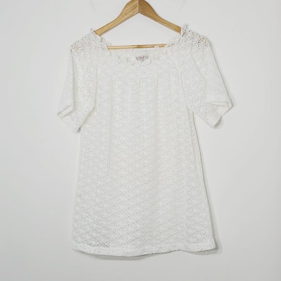 Joy Joy Sheer Lace Coquette Coverup Dress Short Sleeve White Ruffle Trim Elegant - Picture 1 of 8